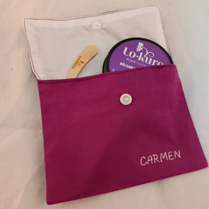 neceser impermeabilizado hecho a mano y bálsamo multifunción para pieles sensibles con paleta de aplicación de bambú