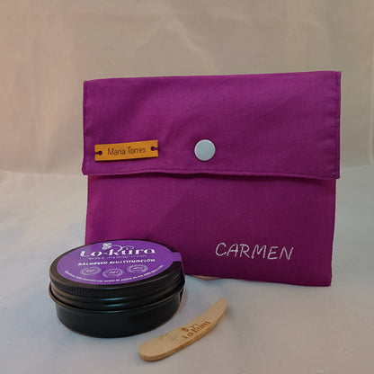 neceser impermeabilizado hecho a mano y bálsamo multifunción para pieles sensibles con paleta de aplicación de bambú